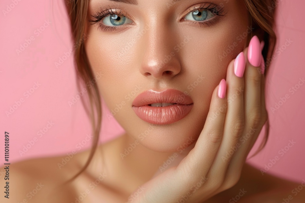 Woman with pink nails and makeup Woman with pink nails and makeup