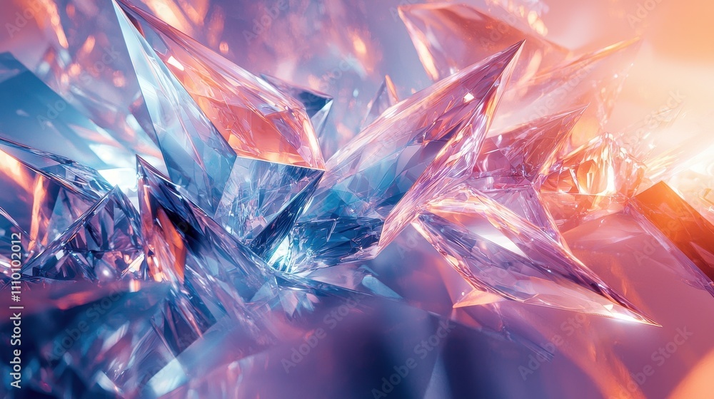 A fragmented abstract design with holographic shards of glass floating in mid-air, reflecting shades of blue, purple, and silver. The sharp angles and reflective surfaces create a high-tech A fragmented abstract design with holographic shards of glass floating in mid-air, reflecting shades of blue, purple, and silver. The sharp angles and reflective surfaces create a high-tech