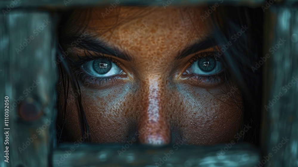 Womans blue eyes looking through a metal grate Womans blue eyes looking through a metal grate