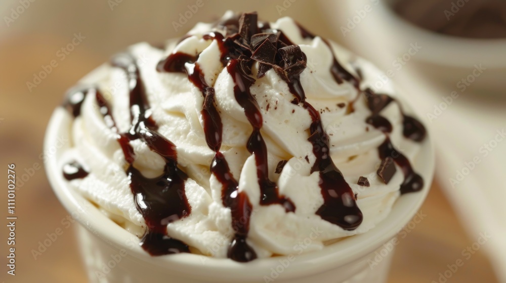 Whipped cream dessert with chocolate drizzle and chips Whipped cream dessert with chocolate drizzle and chips