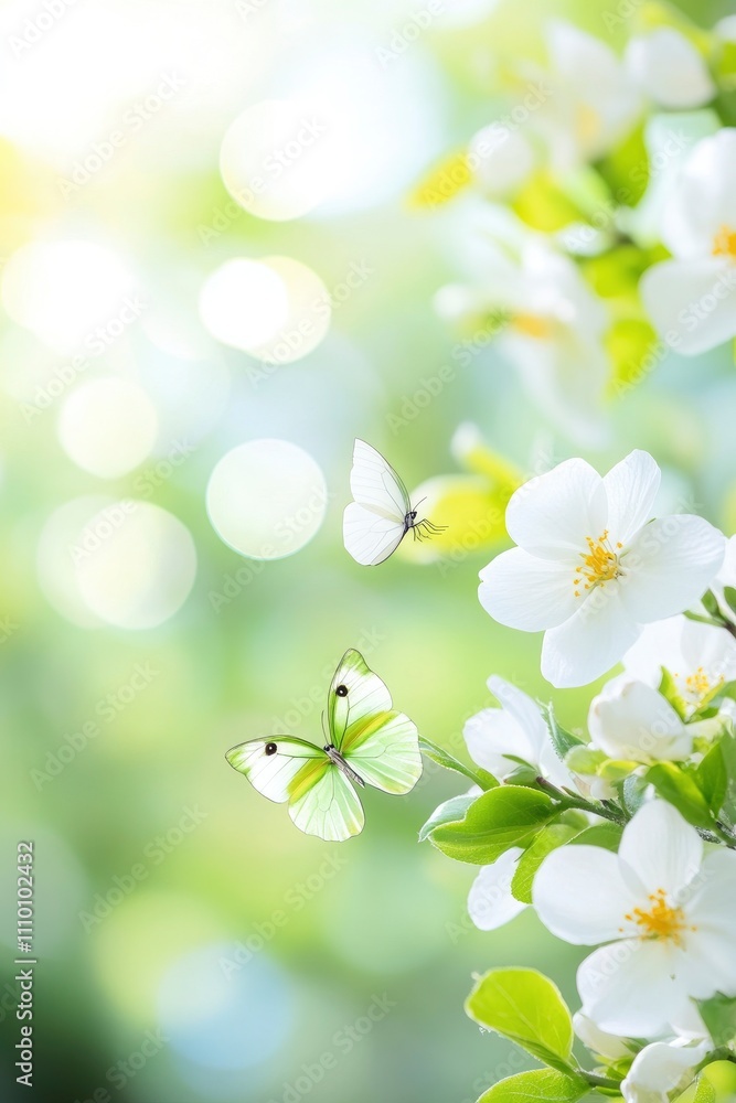 Beautiful spring background with butterflies and flowers, blurred bright bokeh light background Beautiful spring background with butterflies and flowers, blurred bright bokeh light background