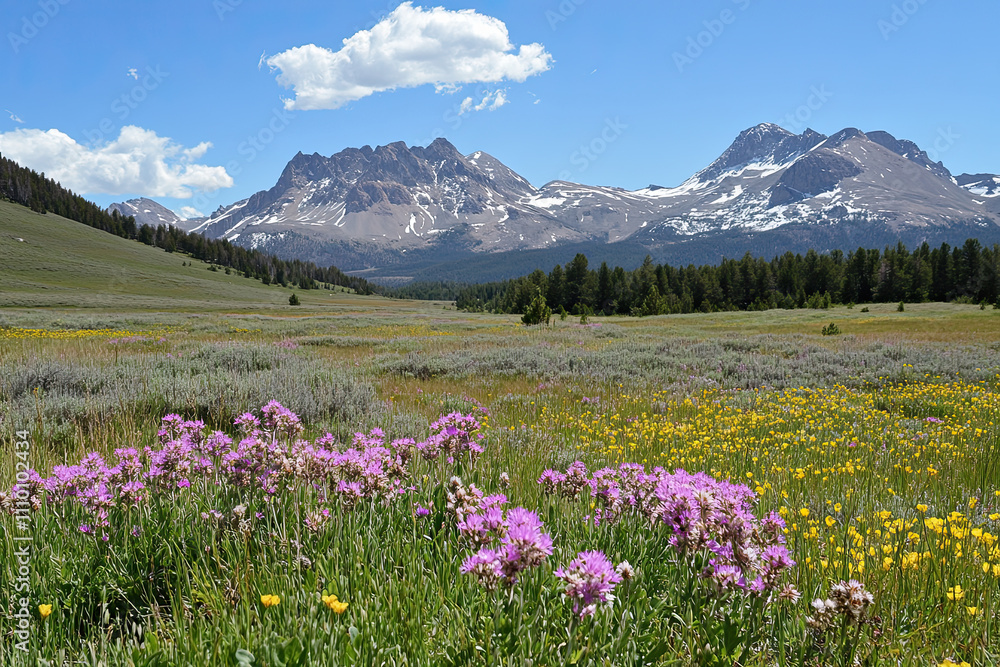 Obraz premium Alpine meadow with wildflowers and a backdrop of snow-capped mountains
