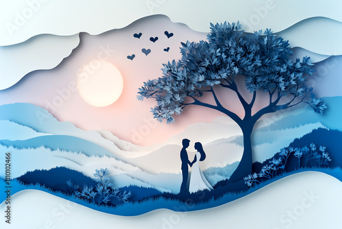 A serene paper-cut scene with a couple holding hands beneath a tree