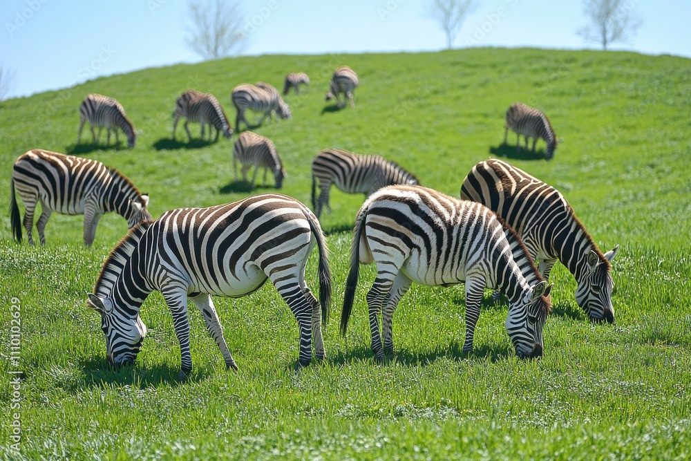 A Scenic View of Grazing Zebras on Lush Green Fields Under a Clear Blue Sky, Capturing the Beauty of Wildlife in Their Natural Habitat A Scenic View of Grazing Zebras on Lush Green Fields Under a Clear Blue Sky, Capturing the Beauty of Wildlife in Their Natural Habitat
