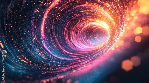 A glowing vortex of digital light trails spiraling into a luminous core, with colors transitioning between cyan, pink, and gold. The dynamic lines give a sense of energy and endless possibilities. 