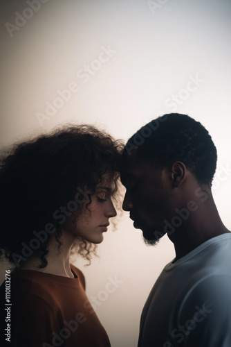 Man and woman, intimate moment, touching foreheads and smiling, highlighting themes of connection, affection, and warmth, natural lighting, Out of focus. Natural lighting. Diversity, race, interacial