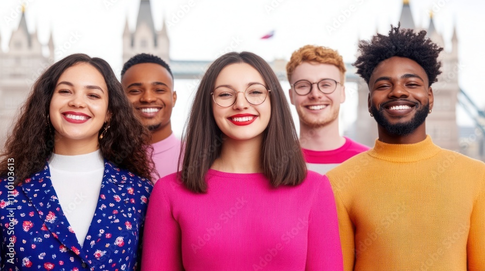 Group of Diverse Friends Smiling Together in Front of Iconic Landmark, Showcasing Joy and Unity, Perfect for Social Media and Community Themes Group of Diverse Friends Smiling Together in Front of Iconic Landmark, Showcasing Joy and Unity, Perfect for Social Media and Community Themes