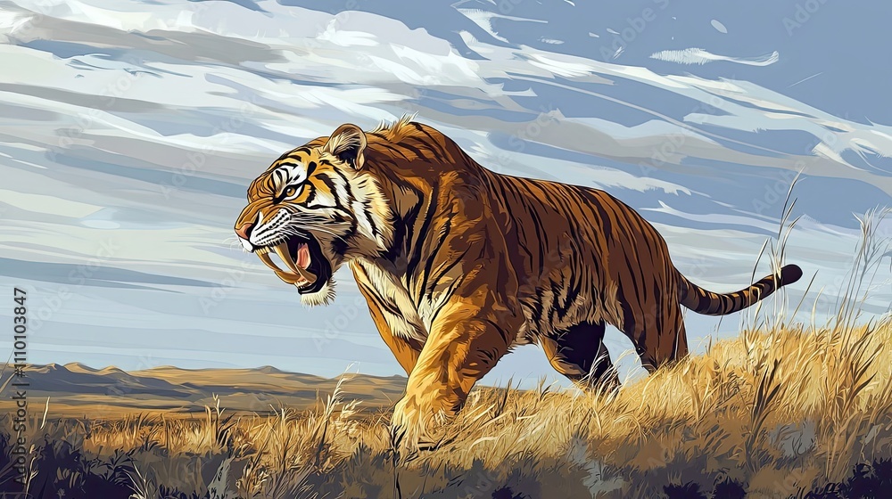 Obraz premium Majestic Saber Toothed Tiger Stalking Across Grasslands