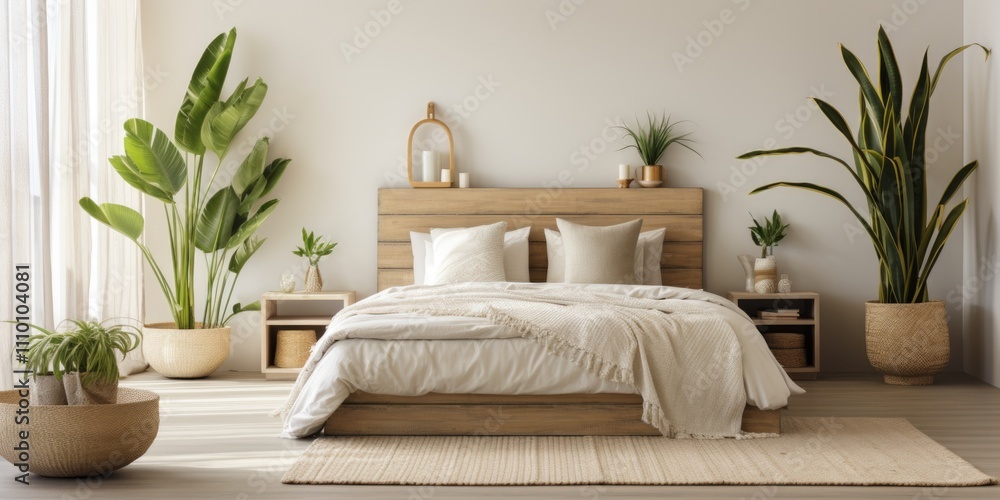 Modern bedroom interior with plants and wooden bed Modern bedroom interior with plants and wooden bed