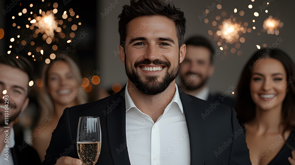 A group of friends sharing a toast, fireworks lighting up the night sky, festive and energetic mood A group of friends sharing a toast, fireworks lighting up the night sky, festive and energetic mood