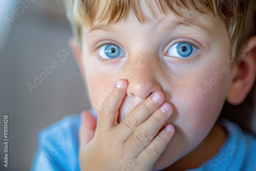 Close-up portrait of a boy covering his mouth