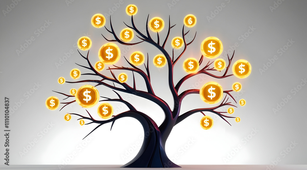 Obraz premium A stylized tree with branches adorned with golden dollar signs, symbolizing wealth, prosperity, and financial growth.