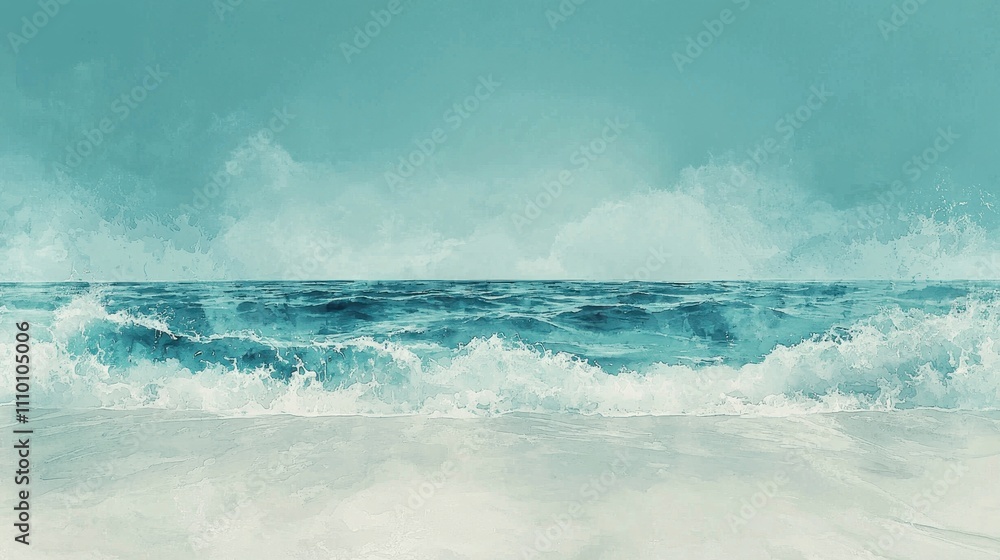 A serene watercolor beach scene with turquoise waves gently washing onto sandy shores, blending into a pale blue sky. The fluid brushstrokes capture the peaceful motion of the ocean. The design A serene watercolor beach scene with turquoise waves gently washing onto sandy shores, blending into a pale blue sky. The fluid brushstrokes capture the peaceful motion of the ocean. The design