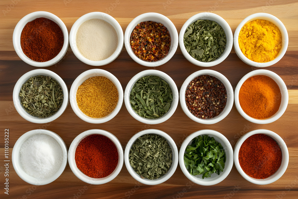Assorted spices in small white bowls on wooden board. Assorted spices in small white bowls on wooden board.