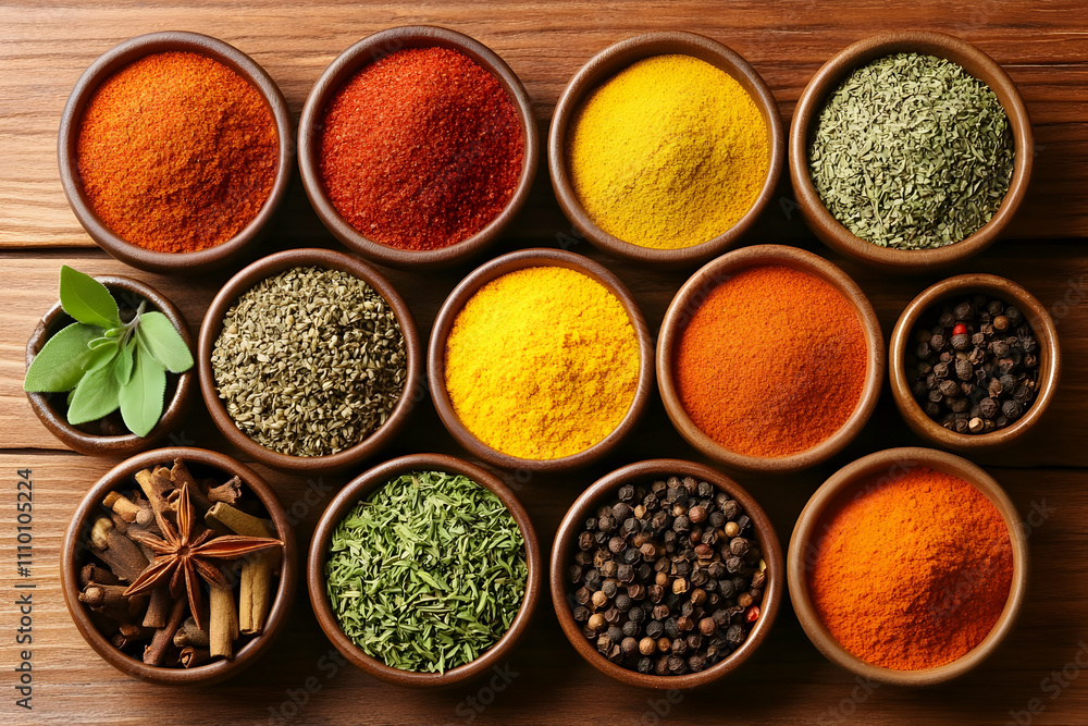 Assorted spices in bowls on wooden background. Assorted spices in bowls on wooden background.