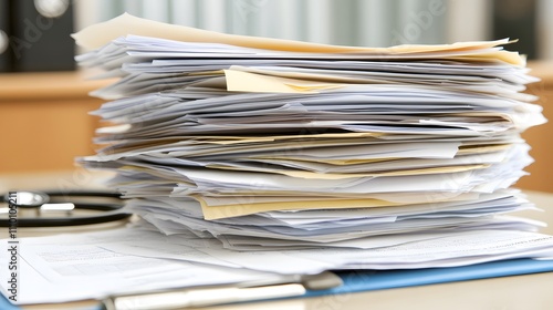 Medical documentation meticulously arranged on a desk, symbolizing the precision and dedication required in healthcare, emphasizing the importance of accurate records and patient care.