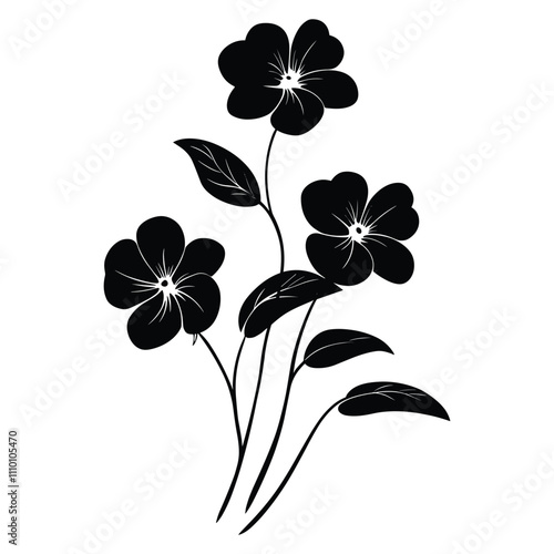 A black and white Silhouettes of blooming flowers set with white background