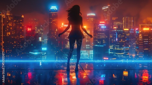 Woman standing in front of night cityscape