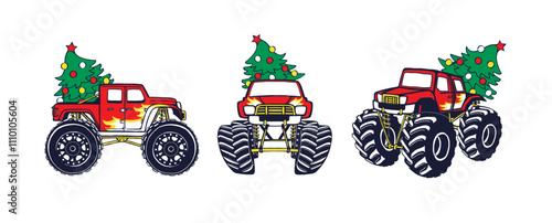 Red Monster trucks cars with Christmas tree set