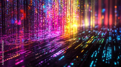 A surreal tech-inspired abstract landscape with floating holographic panels projecting vivid data streams. The panels hover over a dark metallic surface  blending art and technology into a mesmerizing