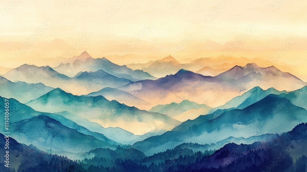 A surreal watercolor mountain range with peaks in soft shades of blue, purple, and green, fading into a golden sky. The delicate brushwork creates depth and a dreamlike atmosphere. The scene A surreal watercolor mountain range with peaks in soft shades of blue, purple, and green, fading into a golden sky. The delicate brushwork creates depth and a dreamlike atmosphere. The scene