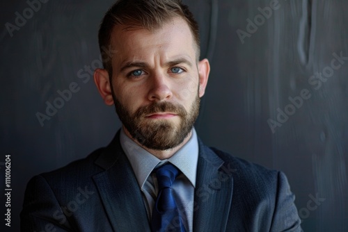 Man with red beard and suit looking directly at camera