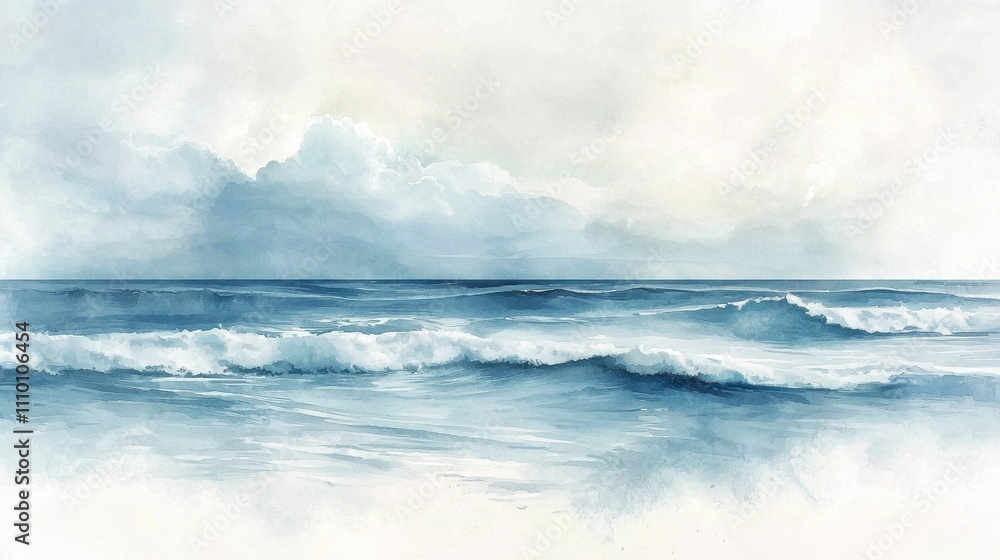 A tranquil seascape in watercolor, with soft blues blending into white-capped waves under a pale lavender sky. Gentle strokes add a sense of motion to the scene, while the subtle textures evoke A tranquil seascape in watercolor, with soft blues blending into white-capped waves under a pale lavender sky. Gentle strokes add a sense of motion to the scene, while the subtle textures evoke
