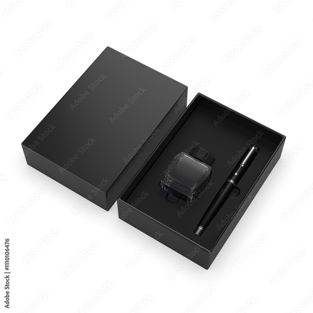 Blank ink pen and ink bottle gift box packaging template 3d render illustration. Blank ink pen and ink bottle gift box packaging template 3d render illustration.