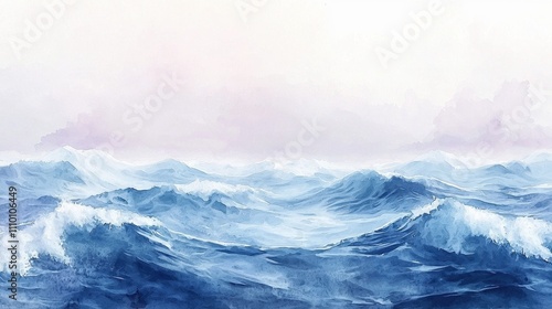 A tranquil seascape in watercolor, with soft blues blending into white-capped waves under a pale lavender sky. Gentle strokes add a sense of motion to the scene, while the subtle textures evoke 