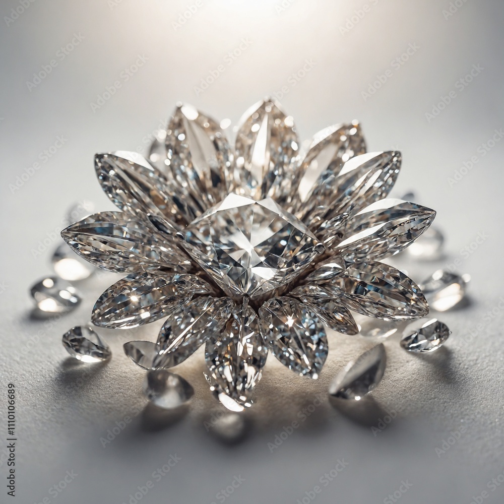 A radiant diamond flower with petals shaped like teardrops, glittering under soft light on a white background. A radiant diamond flower with petals shaped like teardrops, glittering under soft light on a white background.