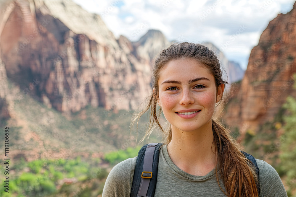 Naklejka premium Woman with a serene smile, standing in front of a scenic landscape