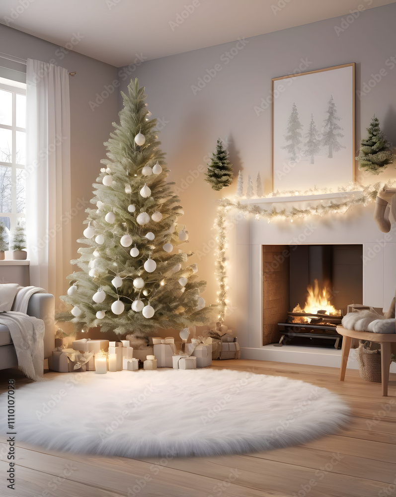 Cozy Fireplace and Christmas Tree with Gift Presents Underneath Cozy Fireplace and Christmas Tree with Gift Presents Underneath