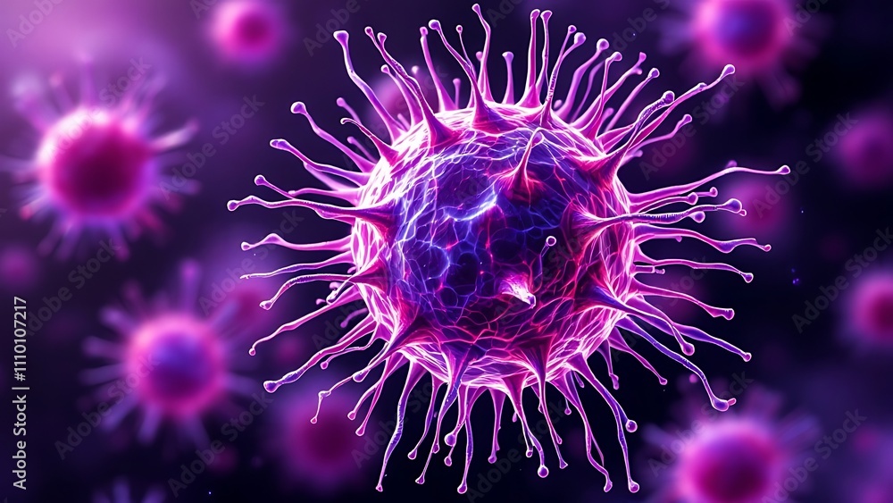 Fototapeta premium Tumor microenvironment concept with cancer cells, T-Cells, nanoparticles, cancer associated fibroblast layer of tumor microenvironment normal cells, molecules, and blood vessels 3d rendering