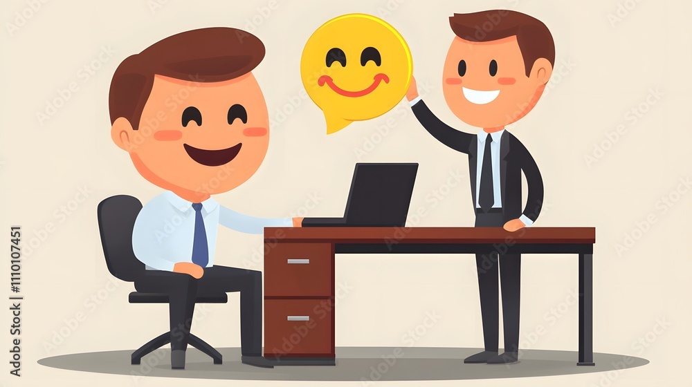 Shy worker receiving praise from manager in office. Shy worker receiving praise from manager in office.