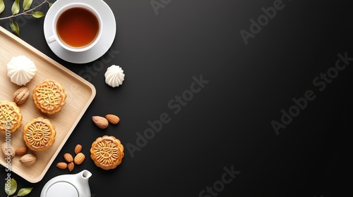 Wallpaper Mural A beautiful tea table with mooncakes and an assortment of nuts on a wooden tray, accompanied by a tea set, captured from above with a black background, perfect for Mid-Autumn Festival gatherings. Torontodigital.ca
