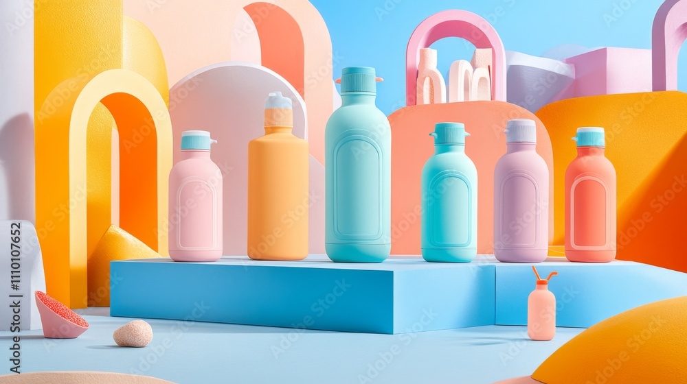 Vibrant and modern display of colorful cosmetic bottles in a playful abstract landscape Vibrant and modern display of colorful cosmetic bottles in a playful abstract landscape