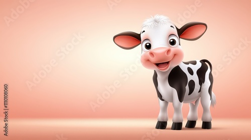 A charming cow standing in a flat-style vector illustration with black-and-white spots, a friendly expression, isolated on a white background with subtle farm-themed accents. photo