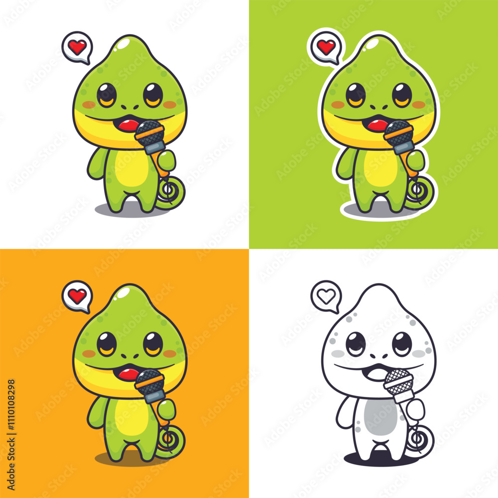 Fototapeta premium cute chameleon holding microphone cartoon drawing