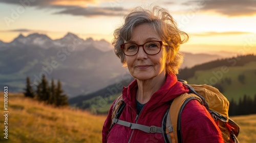 pretty senior woman hiking in warm dawn sunlight and enjoying the spectacular view over the Allgau alps on the Nagelfluh mountain chain near Oberstaufen, Bavaria, Germany