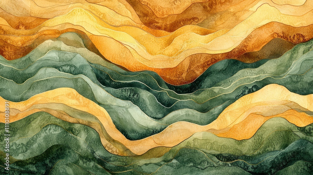 An abstract watercolor pattern of flowing lines in muted green, gold, and brown, resembling rivers and hills. The organic textures evoke a sense of harmony and connection with nature. The composition An abstract watercolor pattern of flowing lines in muted green, gold, and brown, resembling rivers and hills. The organic textures evoke a sense of harmony and connection with nature. The composition