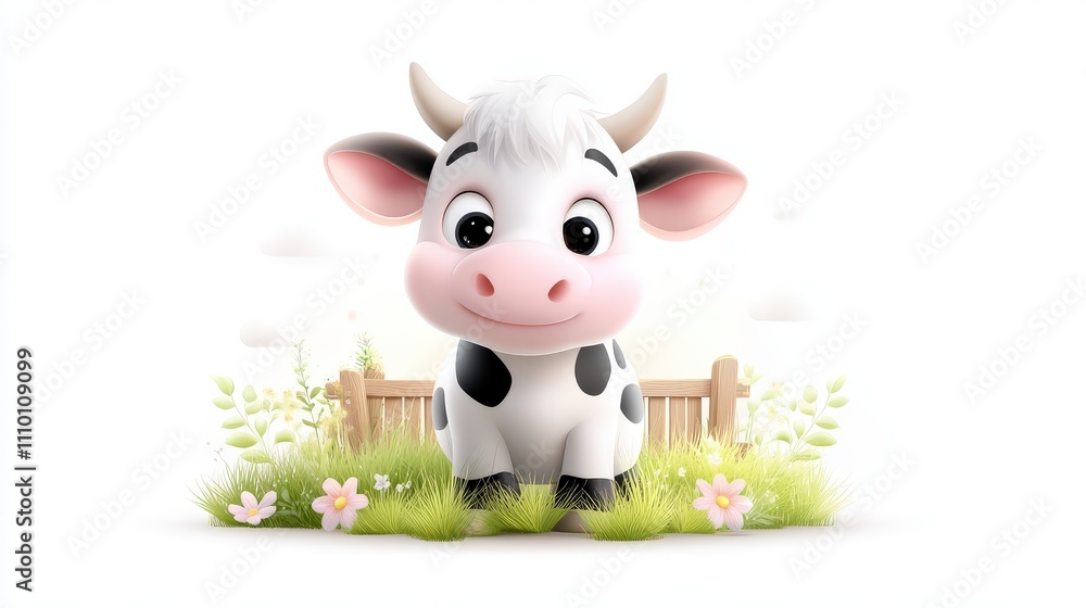 A delightful flat-style vector of a cow standing near a wooden fence, isolated on a white background with soft farm-themed details like a barn outline. A delightful flat-style vector of a cow standing near a wooden fence, isolated on a white background with soft farm-themed details like a barn outline.