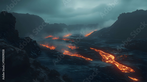 Glowing Lava Flow in a Volcanic Landscape