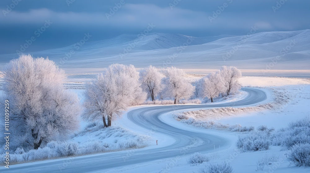 A winding road through a tranquil snowy landscape, with frosted trees and distant mountains, creating a peaceful winter wonderland A winding road through a tranquil snowy landscape, with frosted trees and distant mountains, creating a peaceful winter wonderland