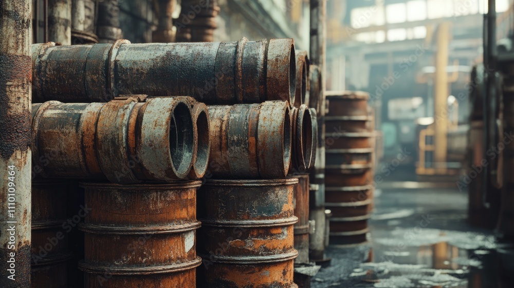 An industrial setting with stacks of rusted metal pipes, highlighting the worn and aged surface of the metal in a factory or warehouse environment An industrial setting with stacks of rusted metal pipes, highlighting the worn and aged surface of the metal in a factory or warehouse environment