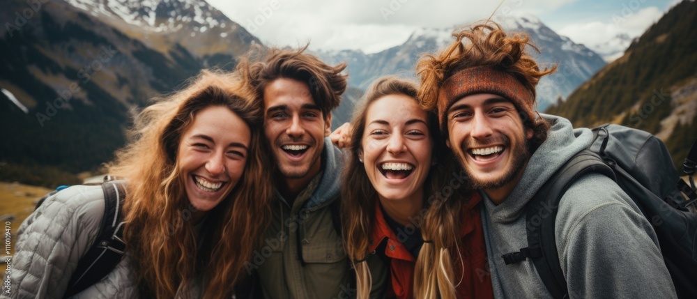 Happy friends taking a selfie on a mountaintop Happy friends taking a selfie on a mountaintop
