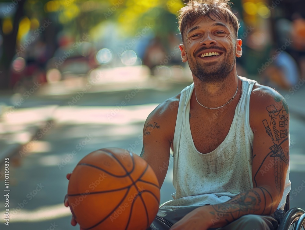 Man in wheelchair holding basketball in city Man in wheelchair holding basketball in city