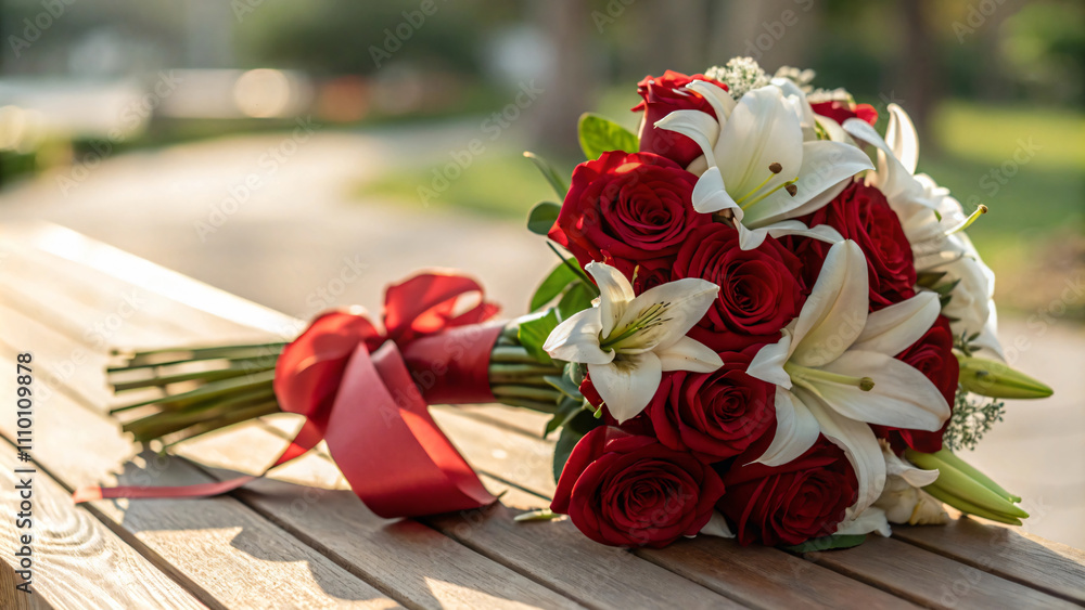 Obraz premium beautiful bouquet of red roses and white lilies tied with ribbon, perfect for romantic occasions. vibrant colors and fresh flowers evoke love and joy