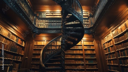 Grand spiral staircase in a classic wooden library, surrounded by bookshelves filled with antique books.