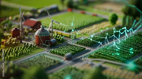 Innovative high-tech food supply chain map showcasing modern agricultural practices and sustainable energy solutions