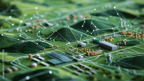 High-tech food supply chain map showcasing connections and infrastructure across a green landscape photo